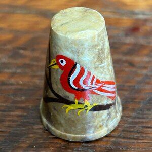 Vintage Hand-Painted Stone Thimble With Red Bird Design